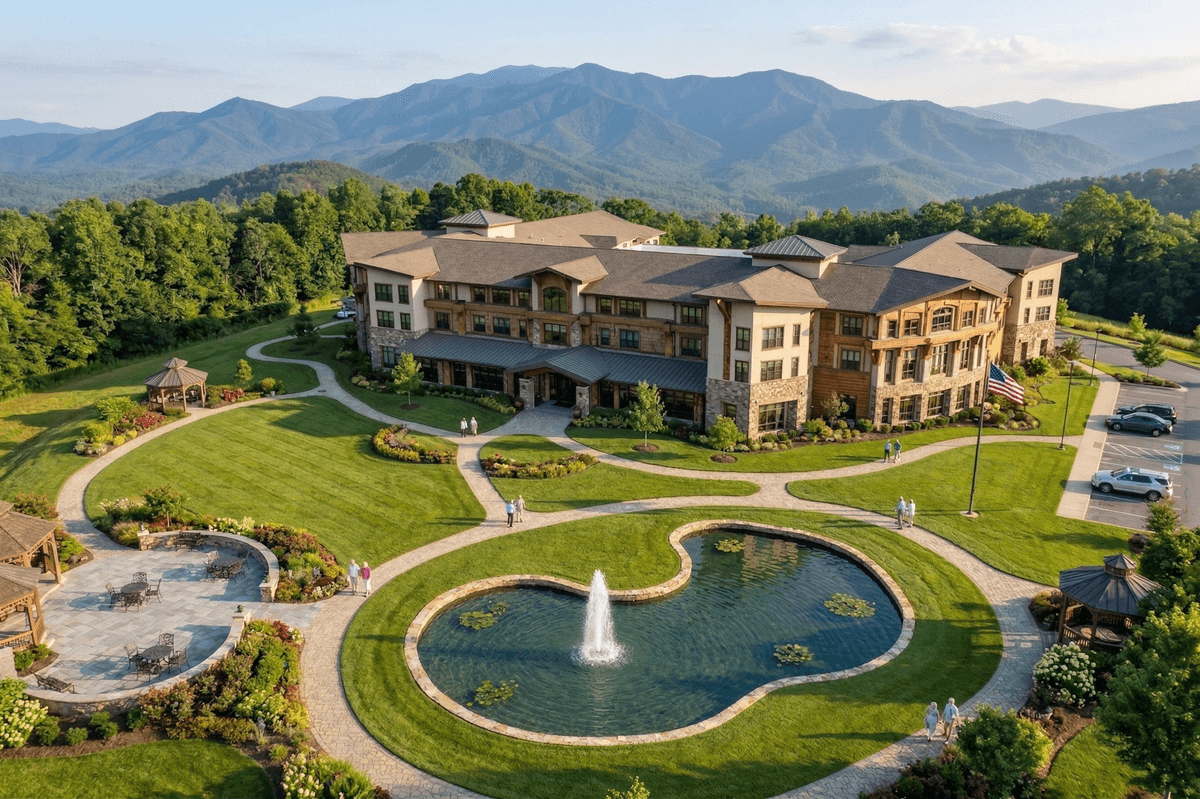 Aerial view of The William Center with the Smoky Mountains in the background